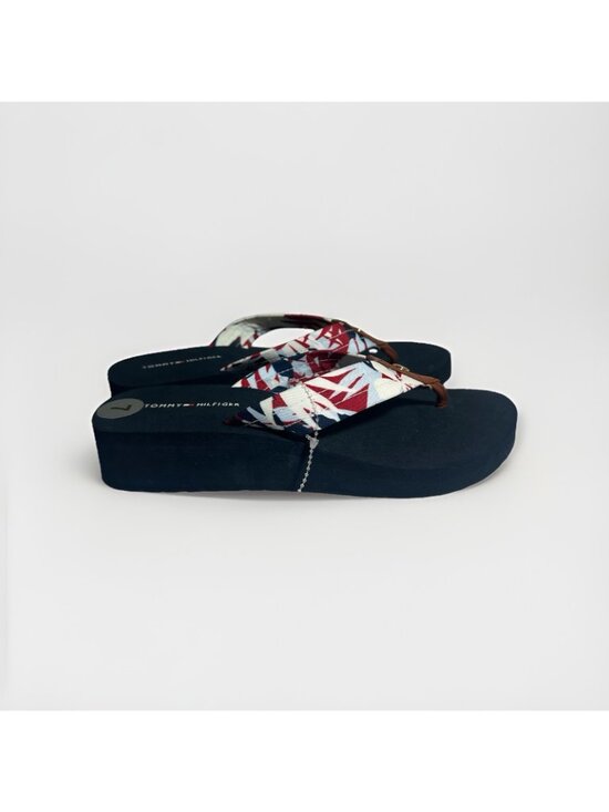 New Tommy Hilfiger Flip Flops Women’s 7 Navy Blue With Floral Print Wedge Heel - Picture 9 of 9